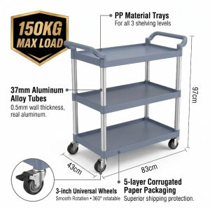 COHF 3 Tier Serving Trolley with 304 Stainless Steel Frame Heavy Duty PP Shelves Rolling Service Cart Hotel Restaurant Kitchen Lockable Wheels