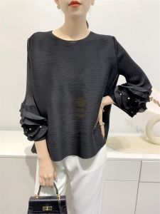 ◈ Aiden001 Average Size (45-70Kg) Loose High Elasticity Non-Ironing Pleated Top 3/4 Sleeves Beaded Spring Summer T-Shirt Round Neck Loose And Slim S-506