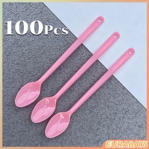 E.B. 100pcs Disposable Plastic Spoon Colored Long Teaspoon for Dessert Milk Tea Sorbet