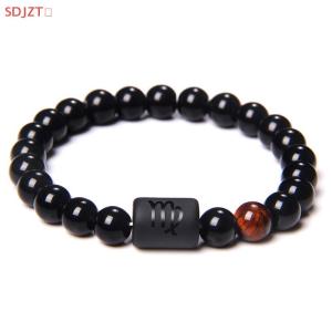 🚚【Local Express Delivery】🚚 12 Constellation Zodiac Signs Beads Couple Bracelet Natural Black Onyx Stone Elastic Charm Bracelet for Women Men