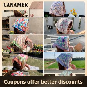 【 CANAMEK 】 55cm Fashion Sweet Floral Print Small Square Scarf For Women Girl Cute Soft Flower Scarf Hairband Headband Korean Hair Scarves