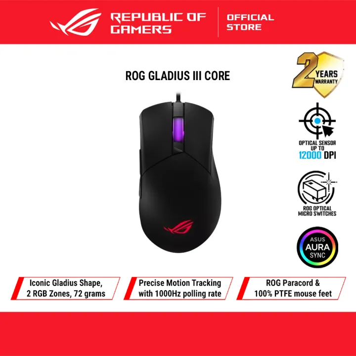 ROG P523 Gladius III Core Wired Gaming Mouse, 72g, 12000 DPI Optical Sensor, ROG Micro Switch II, Paracord, PTFE Feet