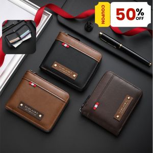 QNQN 【COD】กระเป๋าสตางค์สั้นบุรุษพร้อมหนังและฮาร์ดแวร์ตกแต่งกระเป๋าสตางค์แนวนอนพร้อมหลายช่องบัตรและความจุขนาดใหญ่กระเป๋าสตางค์ขนาดเล็กพร้อมผู้ถือบัตรประชาชน