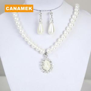 【CANAMEK】 Elegant Pearl Crystal Drop Earrings Chain Necklace Wedding Party Jewelry Set