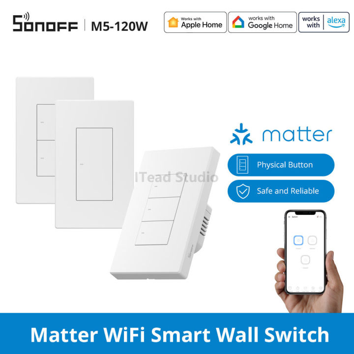 ITEAD SONOFF M5 Matter WiFi Wall Switch Push Button Smart Switch eWeLink APP Apple Home Control Type 120 1/2/3 Gang Smart Light Switch with Neutral Wire, work with Alexa Google Home