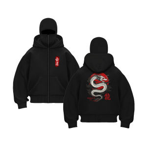 Hoodie Balaclava Zipper Pria Wanita Jaket Sweater Boxy Naga Bulan Keren