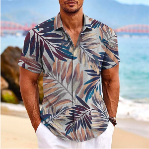 2026 Mens Shirt Leaf Print Lapel Button Shirt Outdoor Street Short Sleeve Clothing Oversized Fashion Designer Casual Soft 5XL