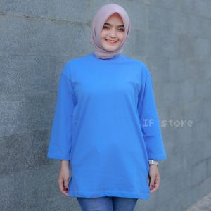 Kaos Basic Biru Oversize Panjang Lengan 7/8 Belah Pinggir Atasan Wanita Muslimah Jumbo Hijab Style