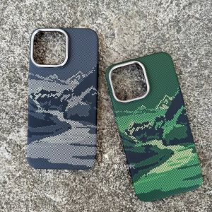 Magne Mountain River Print Case for iPhone 15 16 Pro Max Carbon Fiber Camera Metal Lens Protective Back Cover Hard PC Shell