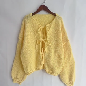 Mùa Thu Womens vừa rộng cardigan Áo len với phồng dài tay áo và phong cách cung Tie phía trước chi tiết áo ngắn dệt kim outwear
