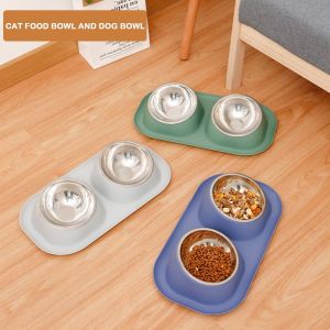 DADOMYD Double Bowls Cat Bowl Stainless Steel Anti-toppling Dog Water Bowl Stable Detachable Cat Food Container Pet Supplies