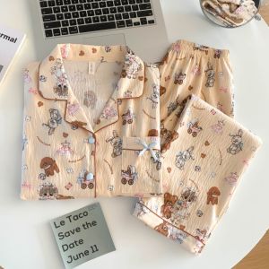 แขนยาว+ขายาว ดนอนคอตตอนนุ่มเมฆ ใส่สบาย ระบายอากาศดี Summer Pajamas Set Women
