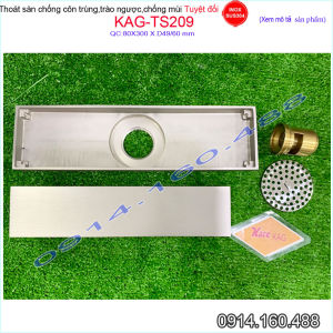 Thoát sàn chống hôi KAG-TS209 chữ nhật 8x30 mm ống D60-90 Phễu thu nước cắt gạch thoát nhanh thiết kế sang trọng sử dụng tốt