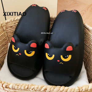 XIXITIAO ins Angry Little Black Cat Slippers Summer Couple Cute Fun Home Slippers EVA Soft Sole Bath Slippers for Men and Women