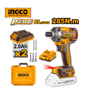 INGCO 20V Brushless Cordless Impact Driver Set with 2.0Ah Batteries LED Light and Charger - High-Torque Power Tool Combo with Carry Box CIRLI2028