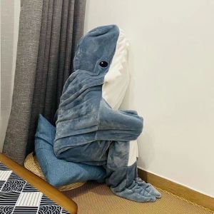 In Stock Shark Sleeping Bag Hoodie Sleeping Bag Flannel Cartoon Cute Home Pajamas Shark Blanket