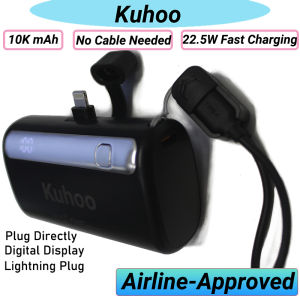 Kuhoo Black Mini Cute Fast Charge Portable Power Bank 22.5W Super Lipstick Size Capsule Powerbank 10K 10000 mAh Plug Stand for iPhone 14 13 12 11 10 9 X Pro Max Plus