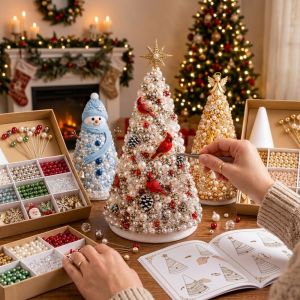 SKJK Colorful Beads DIY Beaded Christmas Tree Kit Star Topper Educational Christmas Beading Craft Kit Creative Foam Cone Beaded Tabletop Xmas Tree Christmas Theme