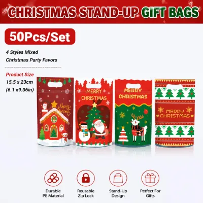 10/50PCS Merry Christmas Ziplock Bags Christmas Decorations Red Santa Claus Christmas Lootbags Plastic Gift Bags Christmas Gift For Kids Xmas Decor