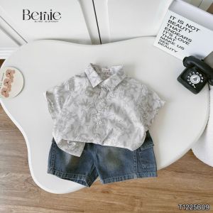 Set bộ sơ mi bé trai áo tay ngắn họa tiết Grafiti kèm quần short jean 11kg đến 28kg BERNIE T1225B09