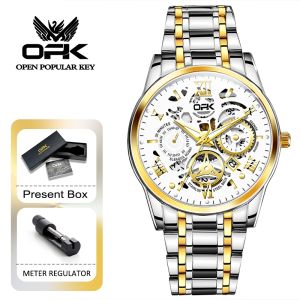 OPK Watch For Men Waterproof Original Stainless Steel Quartz Calendar Luminous Gold White Wrist Watches Business Casual Relo 8135