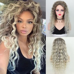 KINTHAZER สังเคราะห์สังเคราะห์สังเคราะห์ วิกผมหยิกสีบลอนด์เถ้า ข้าวโพดดัด ทรงผมปุยปุย วิกผมไล่เฉดสี ไฟเบอร์ทนความร้อน ฮาโลวีน วิกผมหยิกยาว สำหรับผู้หญิง