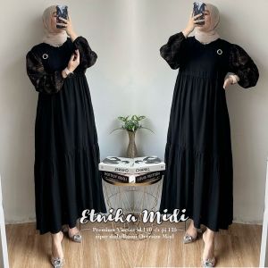 Midi dress hitam etnika polos lengan motif jumbo