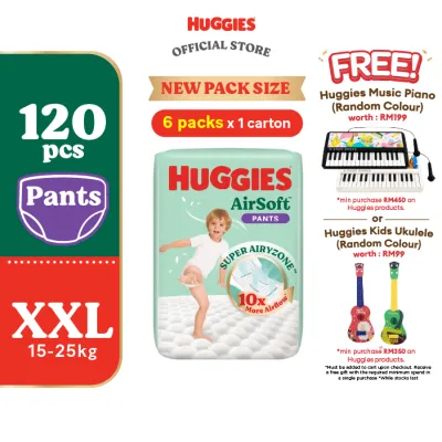 Huggies AirSoft Pants Diapers M38 / L30 / XL26 / XXL20 (6 packs) - Breathable and Soft Premium Diapers for Baby