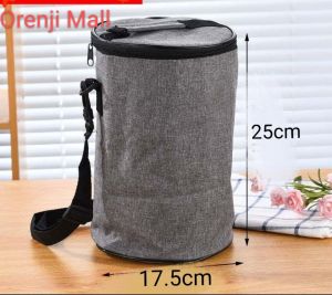 Ready Stock KL Insulated Thermal Cooler Lunch Bag with Aluminium Foil Insulation for Picnic & Food Storage. Grey cylindrical bag with black zipper and straps. Suitable for picnics and food storage.