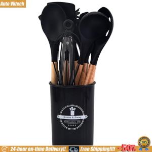 [Auto Vktech] 12Pcs Kitchen Utensil Set Silicone Spatula Set Wooden Handle Cookware Spatula Spoon Brush Whisk Non-Stick Spatula Set Kitchen Supplies