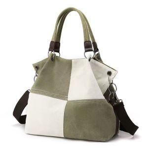 Simple Design Retro Canvas Shoulder Bag Patchwork Style Soft Shoulder Crossbody Bag Large Capacity All-match Color-block Handbag