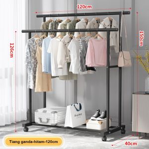 Stand Hanger 2 Susun Rak Gantungan Baju Serbaguna Rak Baju Besi Gawang Portable Dengan Roda