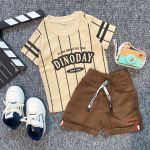 ESTISHOP X DINODAY Setelan anak laki laki kaos salur keren baju stripe lengan kombinasi celana jeans 1-7 Tahun