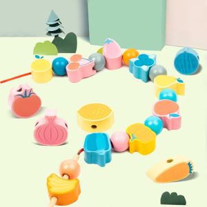 Wooden Lacing Threading Beads Early Learning Montessori Educational Animal Fruits Number | Mainan Kayu Kanak