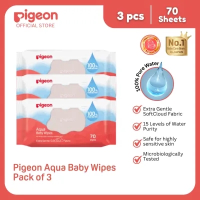 Pigeon Official - 100% Pure Water Baby Wipes 70 Sheets [Flip Top] Pack of 3 Refreshed SoftCloud Fabric Water-Based Wet Wipes No Fragrance No Paraben Japan No. 1 Brand