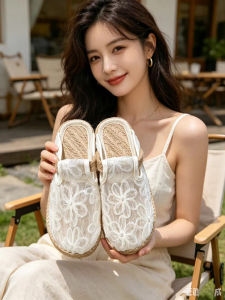 Lace-Trimmed WomenS Summer Breathable Hollow-Out Linen-Soled Slip-On Shoes Shallow And Comfortable
