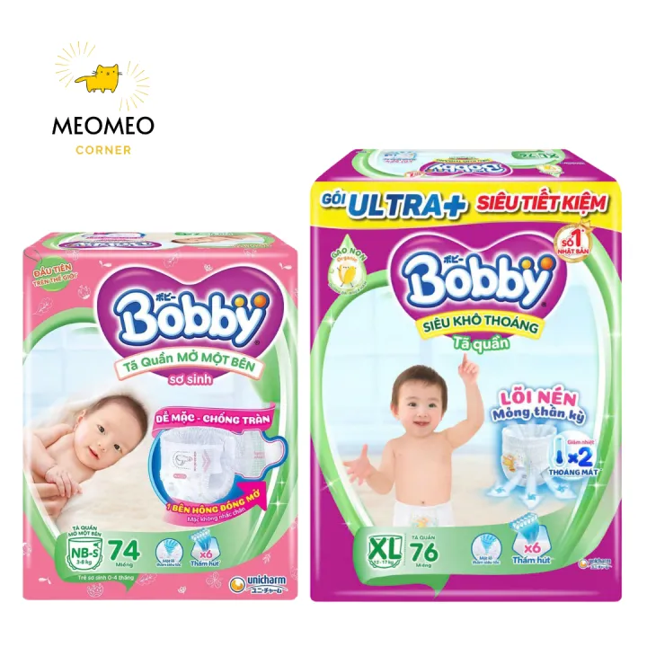 Tã / bỉm quần Mở Một Bên Bobby thiết kế dễ mặc cho bé sơ sinh NB-S / Bỉm quần siêu khô thoáng Bobby Ultra+ Gạo Non M L XL XXL