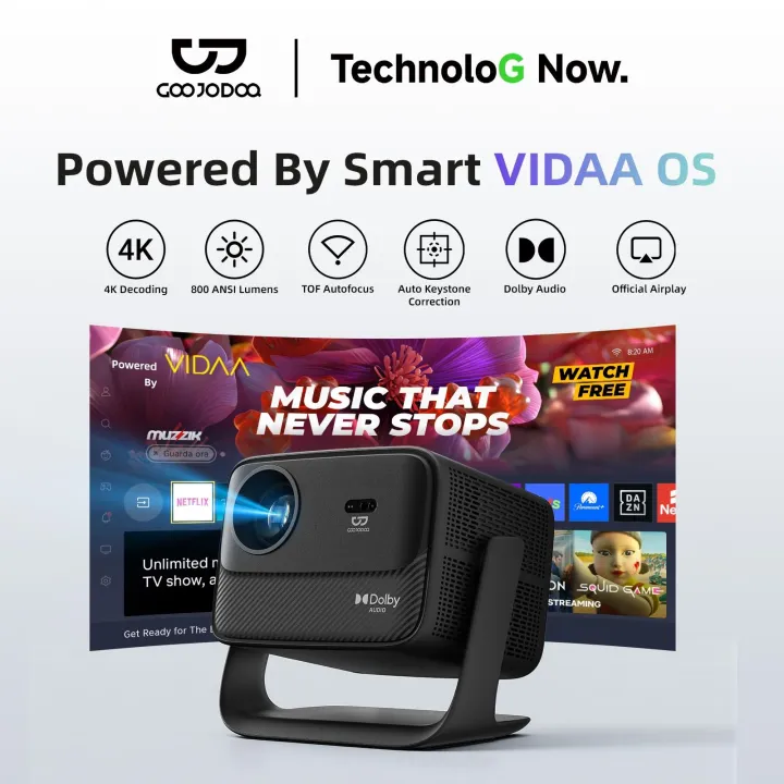 GOOJODOQ AC1099 Smart Projector, VIDAA OS, supports Netflix, ToF auto-focus, automatic image adjustment, HDMI 2.1, supports 4K 120Hz, WiFi 6, mini home theater
