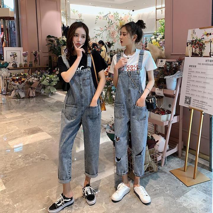 Women's casual loose denim overalls Lady's oversized hole ripped baggy jeans  Wide leg jumpsuits for woman | Wish