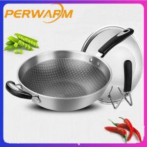 Perwarm 32cm ชุดกระทะทอดสแตนเลส304 พร้อมฝาปิดชุดเครื่องครัวขดลวดเหนี่ยวนำสีไม่มีควันไม่ติดกระทะสแตนเลส