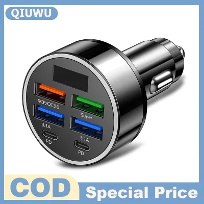 QIUWU 100W 6 cổng USB Type-C sạc xe hơi với điện áp hiển thị PD sạc nhanh