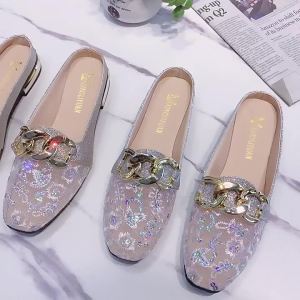[Free Shipping] Korean-Style Open-Toe Slip-On Sandals For Women New Summer Fashion Mesh Square-Toe Low-Heeled Slip-On Sandals