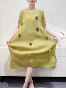 L-838# One Size (45-75kg) Pleated Dress Summer Simplicity Solid Color Flower Order Elegant Slimming Mid-Length
