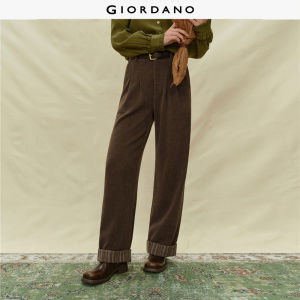 GIORDANO Women Pants Corduroy Straight Stripe Cuff Pants Half Elastic Waist Fashionable Casual Pants 18415703