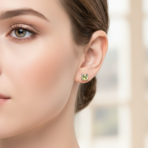 ต่างหูพลอยเพอริดอท (Peridot) ขนาด5 มิล ตัวเรือนเงินแท้ 92.5 % ชุบทองคำขาว พลอยแท้จากประเทศพม่า