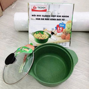 Nồi Thố Đúc Vân Đá Hàn Quốc hợp kim nhôm TICOOK - nắp kính và dùng được bếp từ.