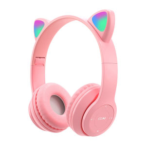 DISOUR Original P47M P47 Cute Fashion Cat Ears Wireless Headphones Flash Light LED RGB Gaming Stereo Bass HIFI Bluetooth Headset For Girl Kids Foldable Earphones Gift