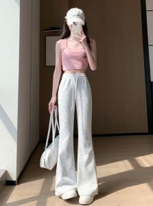 White july🌸พร้อมส่ง กางเกงขายาวผู้หญิง กางเกงขาบาน พิมพ์ลายยิ้ม กางเกงสบายๆ กางเกงผ้า ใส่แล้วดูผอม มีเชือกรูด