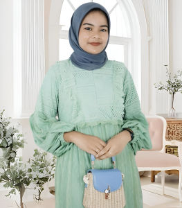 Gamis Wanita Terbaru 2024 Viral Malika Dres Brukat Malika Mix Tile Full Puring Dress Brokat Lebaran