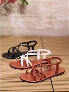 [Free Shipping] WomenS Flat Sandals 2026 Summer New Solid Color Woven Elastic Strap Clip-Toe WomenS Outdoor Flat Sandals